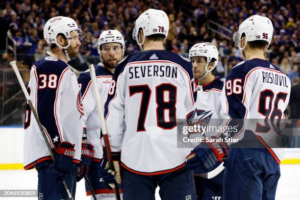 The Columbus Blue Jackets huddle during the second period against the New York Rangers at Madison Square Garden on February 28, 2024 in New York City.