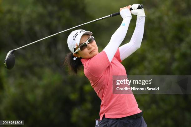 Ayako Uehara of Japan hits her tee shot on the 4th hole during the first round of Daikin Orchid Ladies Golf Tournament at Ryukyu Golf Club on...