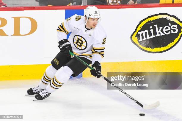 James Van Riemsdyk of the Boston Bruins in action against the Calgary Flames during an NHL game at Scotiabank Saddledome on February 22, 2024 in...