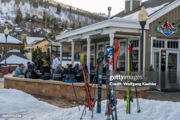 People apres ski at a bar in downtown Park City Park, best known as a mountain ski resort in the western United States located 32 miles east of Salt...