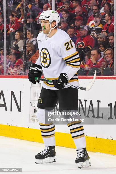 James Van Riemsdyk of the Boston Bruins in action against the Calgary Flames during an NHL game at Scotiabank Saddledome on February 22, 2024 in...