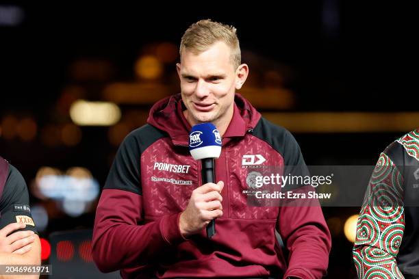 Tom Trbojevic of the Manly-Warringah Sea Eagles answers questions on the stage during Fox League's NRL Las Vegas Launch at Resorts World Las Vegas,...