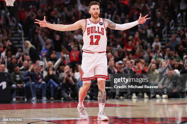 Onuralp Bitim of the Chicago Bulls celebrates against the Cleveland Cavaliers in overtime at the United Center on February 28, 2024 in Chicago,...