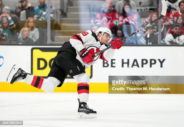 Timo Meier of the New Jersey Devils shoots on goal against the San Jose Sharks during the third period of an NHL hockey game at SAP Center on...