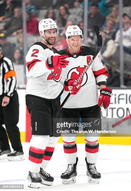 Brendan Smith and Ondrej Palat of the New Jersey Devils celebrates after Smith scored a goal against the San Jose Sharks in the third period of an...