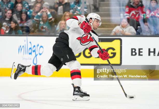 Timo Meier of the New Jersey Devils shoots on goal against the San Jose Sharks during the third period of an NHL hockey game at SAP Center on...