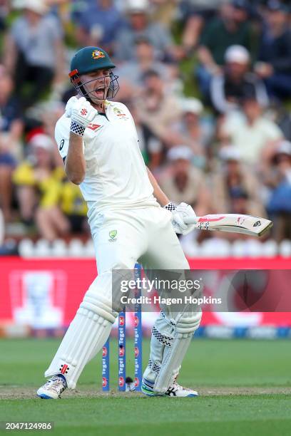 Cameron Green of Australia celebrates his century during day one of the First Test in the series between New Zealand and Australia at Basin Reserve...