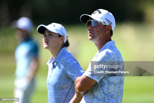 Ash Barty of Australia and former Australian cricketer Ricky Ponting look on during day one of the 2024 New Zealand Golf Open at Millbrook Resort on...