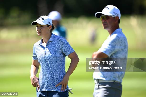 Ash Barty of Australia and former Australian cricketer Ricky Ponting look on during day one of the 2024 New Zealand Golf Open at Millbrook Resort on...