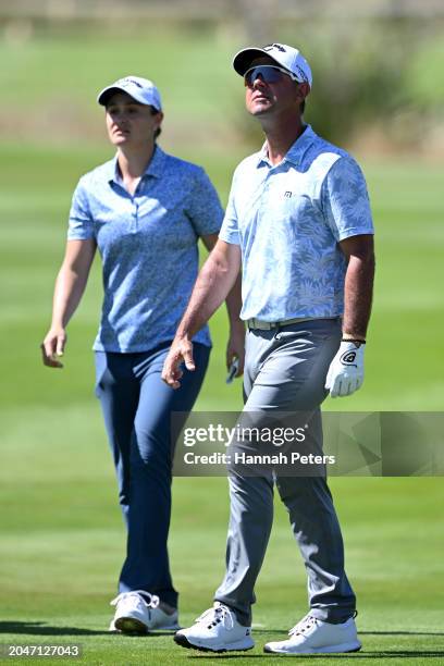 Ash Barty of Australia and former Australian cricketer Ricky Ponting look on during day one of the 2024 New Zealand Golf Open at Millbrook Resort on...