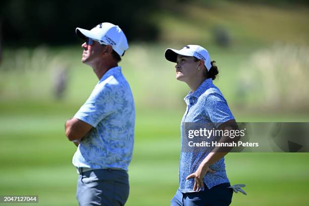 Ash Barty of Australia and former Australian cricketer Ricky Ponting look on during day one of the 2024 New Zealand Golf Open at Millbrook Resort on...