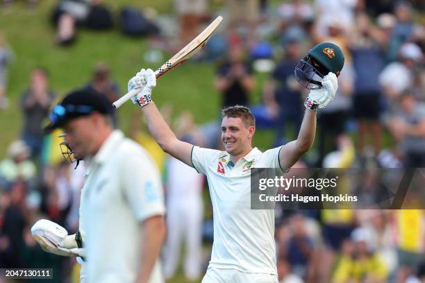 Cameron Green of Australia celebrates his century during day one of the First Test in the series between New Zealand and Australia at Basin Reserve...