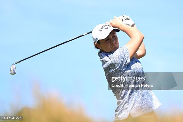 Ash Barty of Australia tees off during day one of the 2024 New Zealand Golf Open at Millbrook Resort on February 29, 2024 in Queenstown, New Zealand.