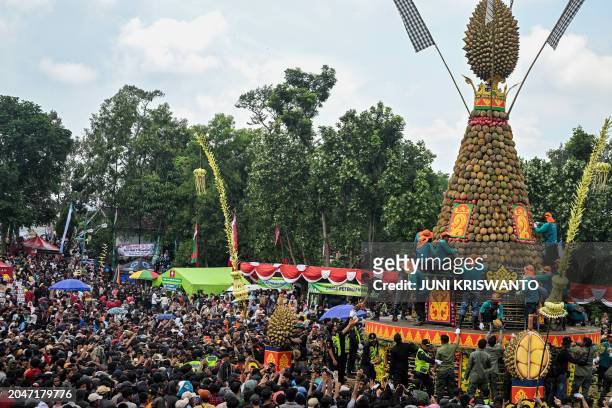 People attend the durian festival in Wonosalam village in Jombang, eastern Java Island on March 3, 2024. Grown across tropical Southeast Asia, the...