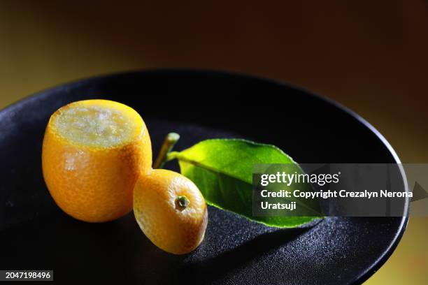 kinkan fruit the tiniest citrus fruit with an edible peel. top part of kumquat sliced with green leaf on a plate - kasukabe stock pictures, royalty-free photos & images