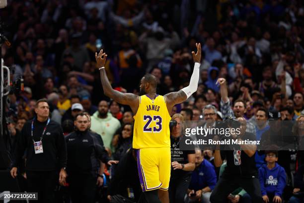 LeBron James of the Los Angeles Lakers after a116-112 win against the LA Clippers at Crypto.com Arena on February 28, 2024 in Los Angeles,...