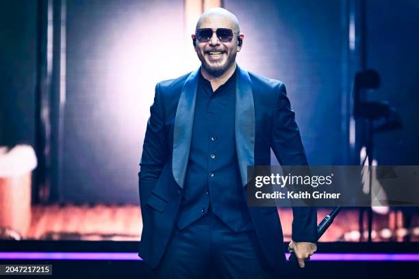 Pitbull performs during The Trilogy Tour at Bridgestone Arena on February 28, 2024 in Nashville, Tennessee.