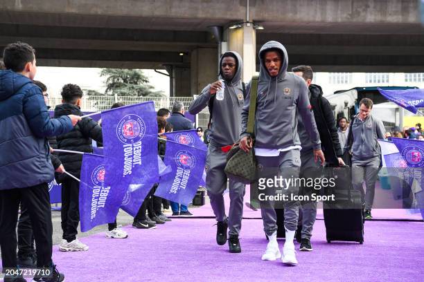 Jordan LOTOMBA and Hicham BOUDAOUI of Nice arrives prior the Ligue 1 Uber Eats match between Toulouse and Nice at Stadium Municipal on March 3, 2024...