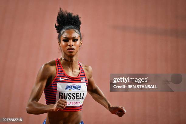 S Masai Russell competes in the Women's 60m hurdles heats during the Indoor World Athletics Championships in Glasgow, Scotland, on March 3, 2024.