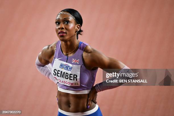 Britain's Cindy Sember reacts after competing in the Women's 60m hurdles heats during the Indoor World Athletics Championships in Glasgow, Scotland,...