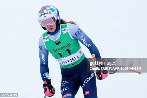 Italy's Marta Bassino reacts after her run during the women's Super G event of the FIS Alpine World Cup in Kvitfjell, Norway on March 3, 2024. /...