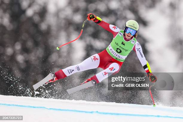 Austria's Mirjam Puchner competes during the women's Super G event of the FIS Alpine World Cup in Kvitfjell, Norway on March 3, 2024. / Norway OUT