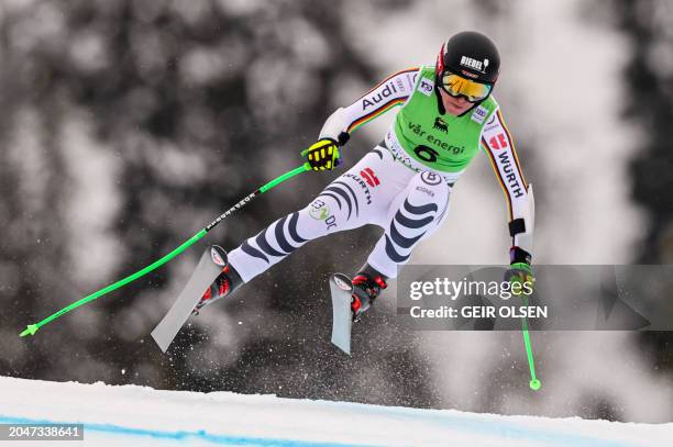 Germany's Kira Weidle competes during the women's Super G event of the FIS Alpine World Cup in Kvitfjell, Norway on March 3, 2024. / Norway OUT