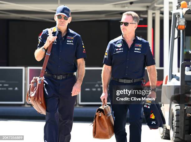 Red Bull Racing Team Principal Christian Horner and Adrian Newey, the Chief Technical Officer of Red Bull Racing walk in the Paddock ahead of...