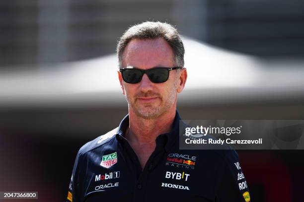 Oracle Red Bull Racing Team Principal Christian Horner walks in the Paddock prior to practice ahead of the F1 Grand Prix of Bahrain at Bahrain...