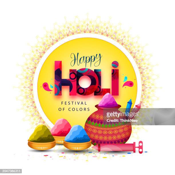 ilustraciones, imágenes clip art, dibujos animados e iconos de stock de happy holi festival poster template with holi powder color bowls on multicolor background. - holi