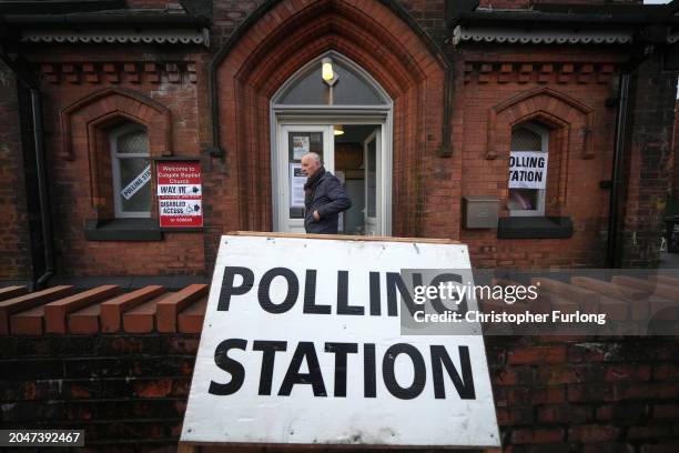 Voter leaves a polling station after voting in the Rochdale by-election on February 29, 2024 in Rochdale, England. The Rochdale by-election takes...