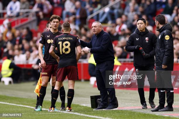 Sam Lammers of FC Utrecht, Jens Toornstra of FC Utrecht, FC Utrecht coach Ron Jans during the Dutch Eredivisie match between Ajax Amsterdam and FC...