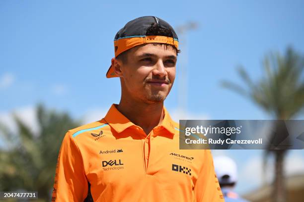 Lando Norris of Great Britain and McLaren walks in the Paddock prior to practice ahead of the F1 Grand Prix of Bahrain at Bahrain International...