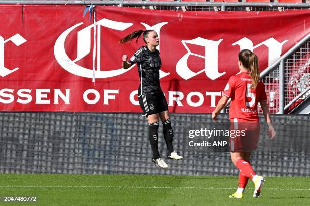 Romee Leuchter of Ajax celebrates the 0-1 during the Dutch Azerion women's Eredivisie match between FC Twente and Ajax at Stadion De Grolsch Veste on...