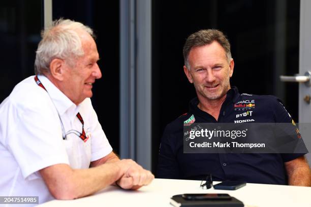 Oracle Red Bull Racing Team Principal Christian Horner and Oracle Red Bull Racing Team Consultant Dr Helmut Marko talk in the Paddock prior to...