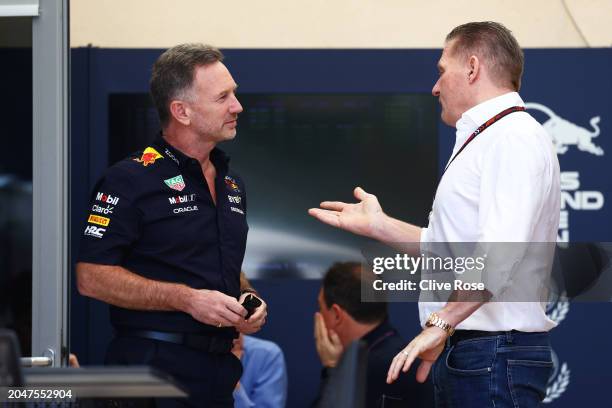 Oracle Red Bull Racing Team Principal Christian Horner talks with Jos Verstappen in the Paddock prior to practice ahead of the F1 Grand Prix of...