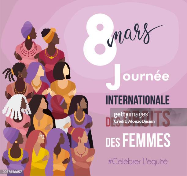 stockillustraties, clipart, cartoons en iconen met international women’s day banner. multiracial group of women. embrace equity. la journée internationale des droits des femmes. - maart