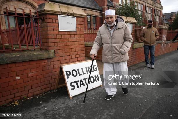 Voter leaves a polling station after voting in the Rochdale by-election on February 29, 2024 in Rochdale, England. The Rochdale by-election takes...