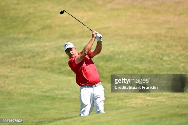 Jaco Van Zyl of South Africa plays a shot on the 11th hole during day one of the SDC Championship at St. Francis Links on February 29, 2024 in St...