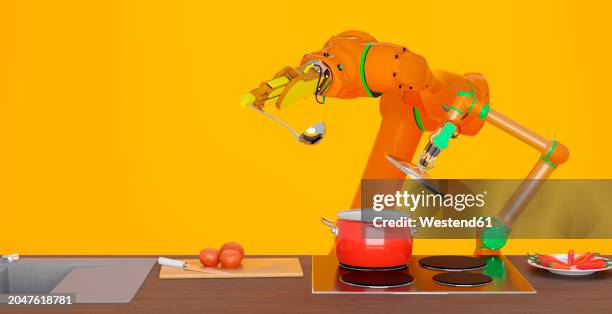 3d render of robotic arms preparing meal on stove - food stock illustrations