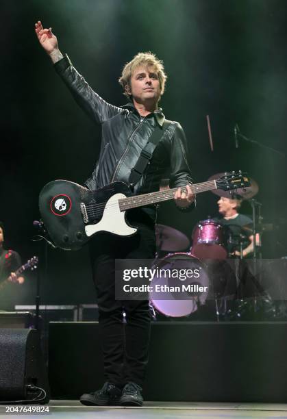 Billie Joe Armstrong and Tre Cool of Green Day perform during EA Sports' The Madden Bowl at the House of Blues Las Vegas inside Mandalay Bay Resort...