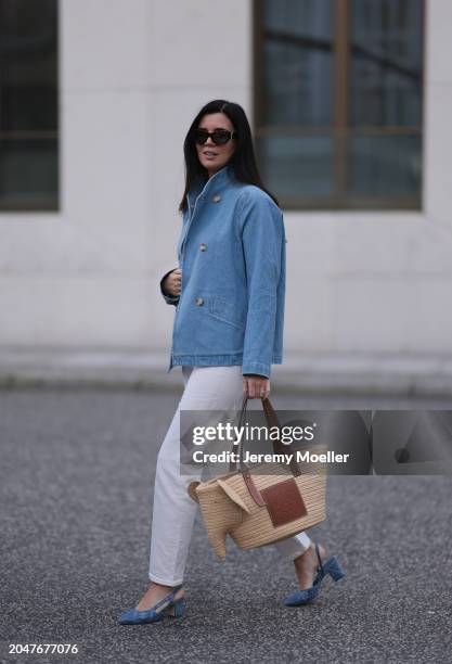 Leo Eberlin seen wearing YSL brown tortoise sunglasses, Leo Mathild diamond jewelry, Ganni creamy white wool knit top, Sézane blue denim jacket, &...