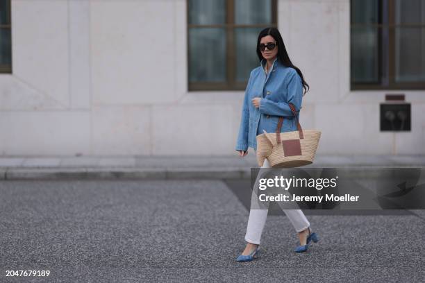 Leo Eberlin seen wearing YSL brown tortoise sunglasses, Leo Mathild diamond jewelry, Ganni creamy white wool knit top, Sézane blue denim jacket, &...