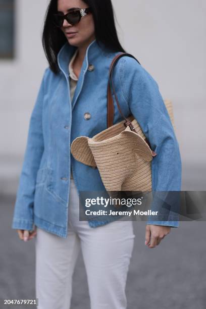 Leo Eberlin seen wearing YSL brown tortoise sunglasses, Leo Mathild diamond jewelry, Ganni creamy white wool knit top, Sézane blue denim jacket, &...