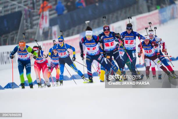 Ukraine's Khrystyna Dmytrenko competes during the single mixed relay event of the IBU Biathlon World Cup in Holmenkollen, Oslo on March 3, 2024. /...