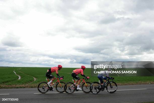 Education-Easypost's German cyclist Jonas Rutsch, EF Education-Easypost's Swiss cyclist Stefan Bissegger and TotalEnergies' French cyclist Mathieu...