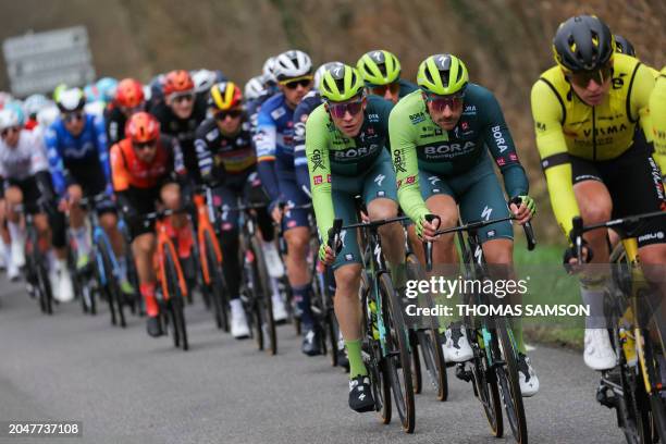 BORAHansgrohe's Austrian cyclist Marco Haller rides in the pack during the 1st stage of the Paris-Nice cycling race, 158 km between Les Mureaux and...