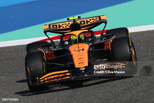 Lando Norris of Great Britain driving the McLaren MCL38 Mercedes on track during practice ahead of the F1 Grand Prix of Bahrain at Bahrain...