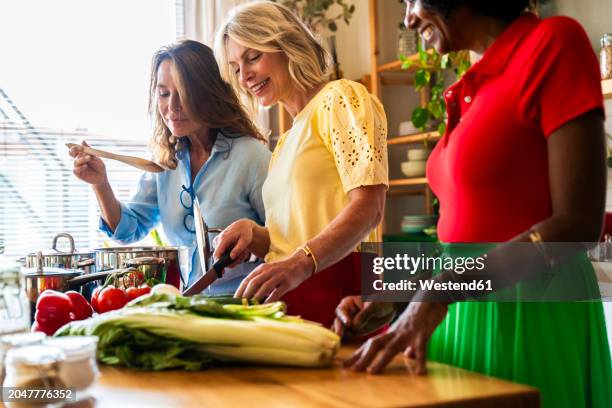 happy woman preparing food with friends in kitchen at home - bok choy stock pictures, royalty-free photos & images