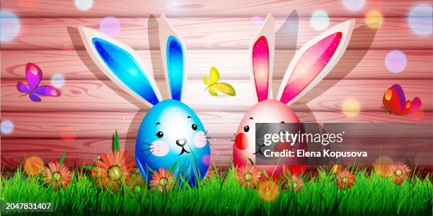 easter celebration concept in cartoon style. anthropomorphic easter eggs with bunny ears in the grass on a colorful wooden abstract background. - flooring store stock illustrations